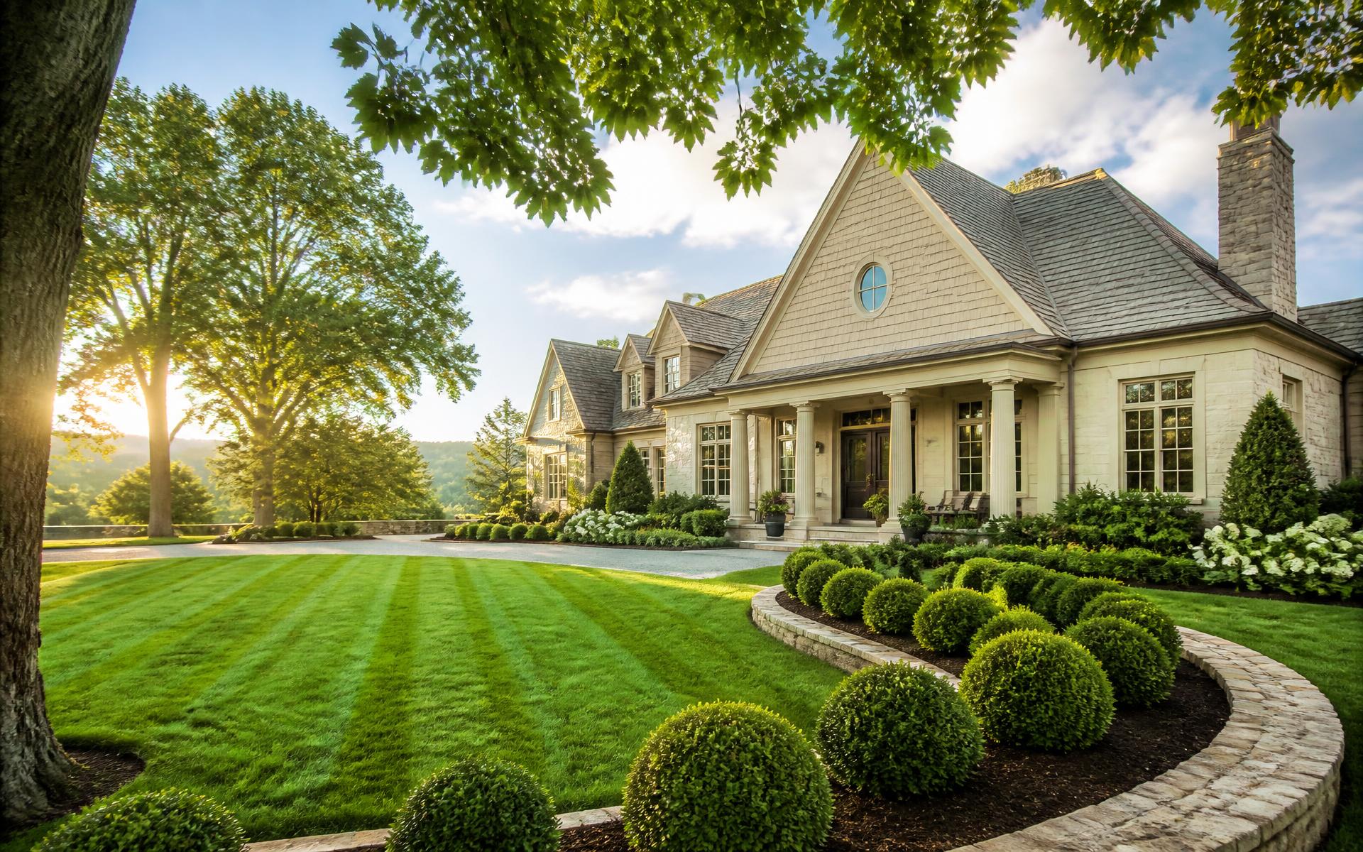 Manicured estate lawn with mature oaks and a stone path